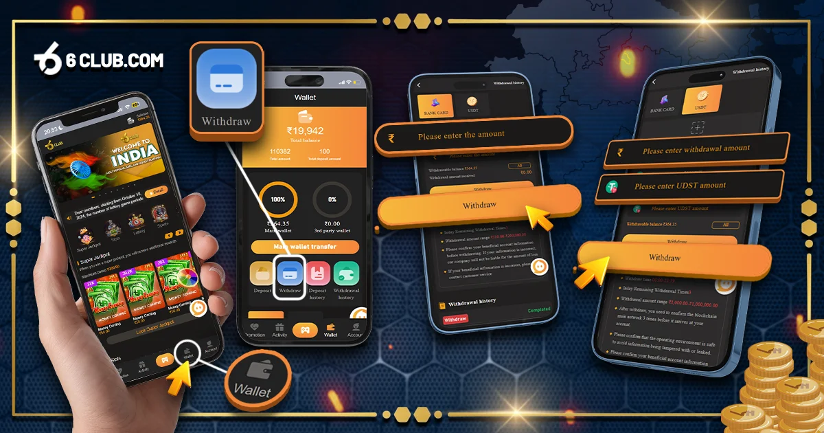 How to Withdraw at 6 Club 6Club mobile app interface showing withdrawal options, wallet management, and transaction history.